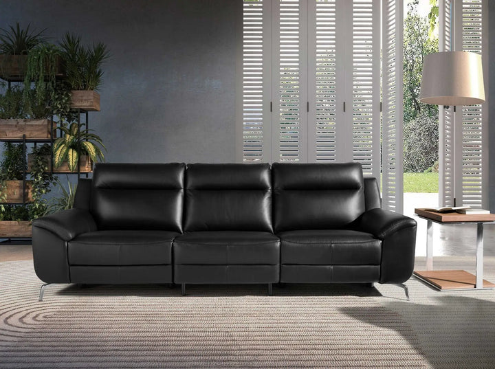 sofá de piel negra con sistema reclinable eléctrico y estructura metálica