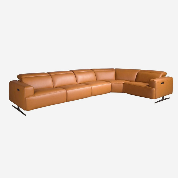 Sofá rinconera relax modular piel marrón, foto de producto sobre fondo gris de estudio