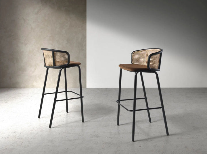 Rattan and brown velvet stool